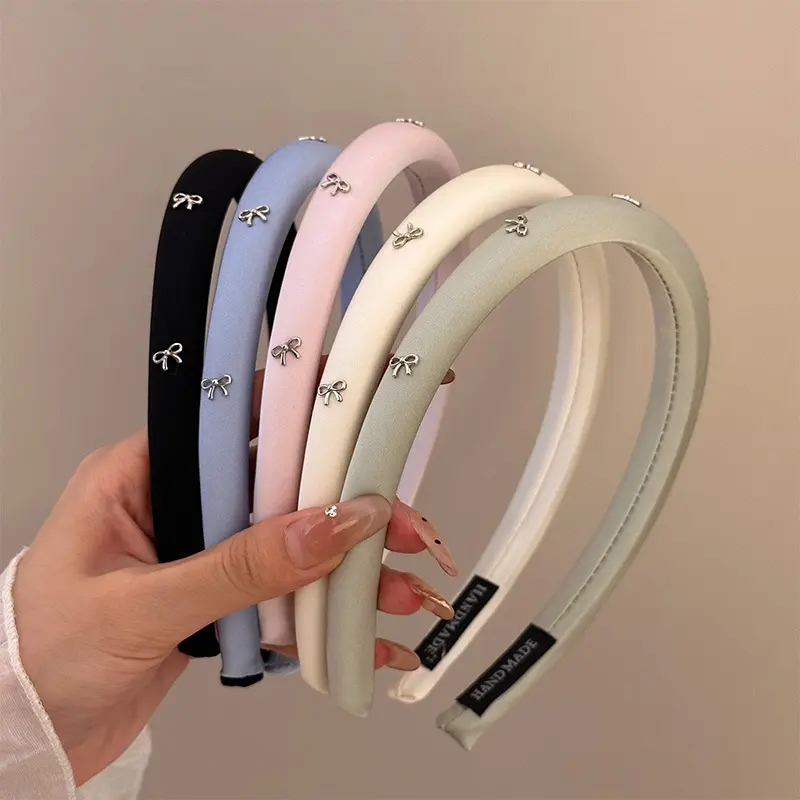 Cute Metal Bow Headband for Women Y2K Girls Solid Color Fabric Sponge Hair Band Vintage Hair Hoop Hair Accessories