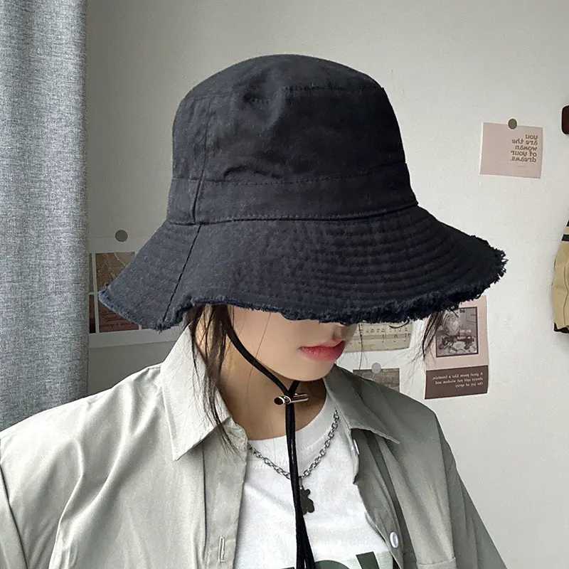 Solid Color Denim Bucket Hat for Women Adjustable Drawstring Torn Edge Fisherman Cap Summer Outdoor Foldable Sun Protection Hats
