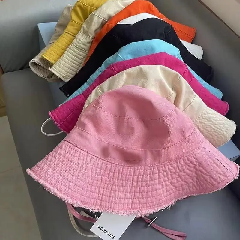 Solid Color Denim Bucket Hat for Women Adjustable Drawstring Torn Edge Fisherman Cap Summer Outdoor Foldable Sun Protection Hats
