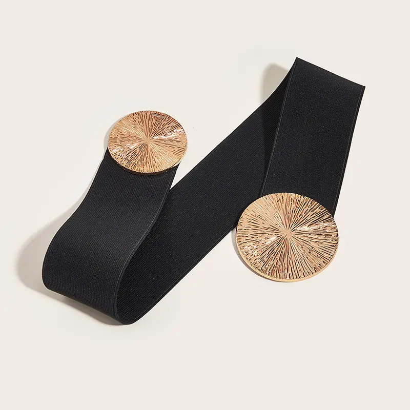 Elastic Belt Women Textured Metal Round Buckle Waistband Luxury Skirt Dress Coat Decorative Girdle Belts