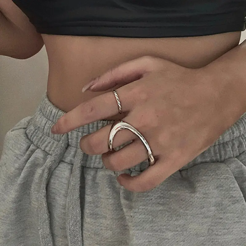 Punk Two-Finger Irregular Geometric Ring New Design Geometric Smooth Rings Silver Color Hip Hop Open Ring Women Jewelry Gift