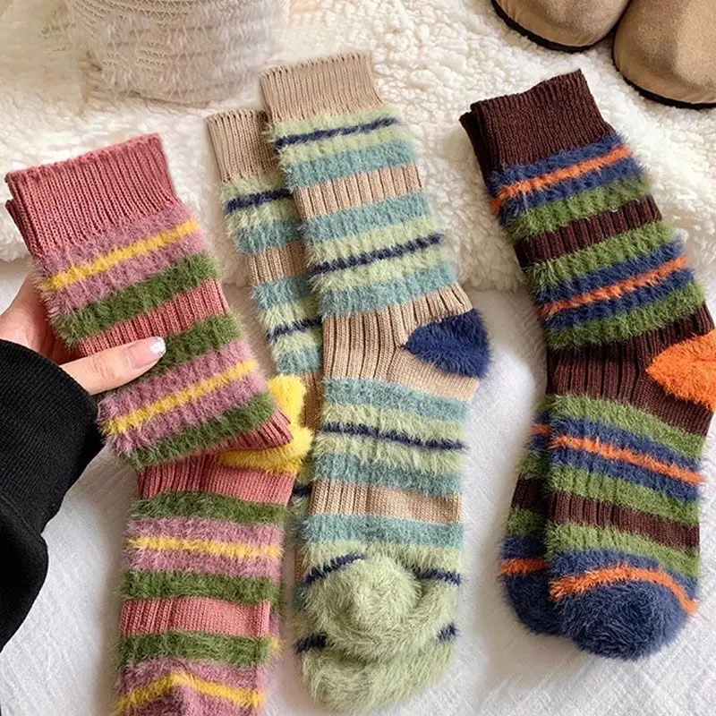 Colorful Striped Socks Women Autumn Winter Mink Fleece Floor Sock Soft Thicken Plush Indoor Socks Female Fluffy Sox