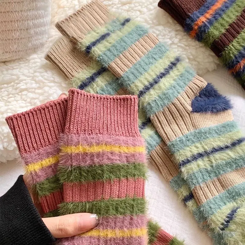 Colorful Striped Socks Women Autumn Winter Mink Fleece Floor Sock Soft Thicken Plush Indoor Socks Female Fluffy Sox
