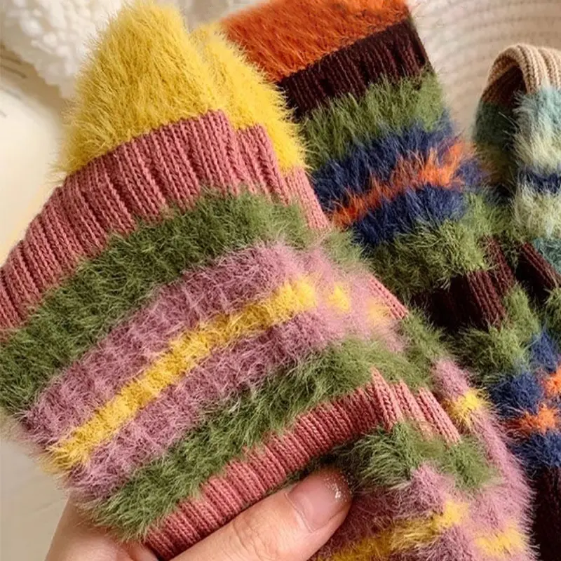 Colorful Striped Socks Women Autumn Winter Mink Fleece Floor Sock Soft Thicken Plush Indoor Socks Female Fluffy Sox
