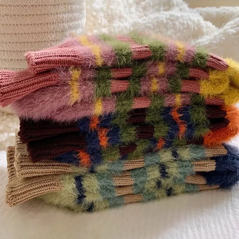Colorful Striped Socks Women Autumn Winter Mink Fleece Floor Sock Soft Thicken Plush Indoor Socks Female Fluffy Sox