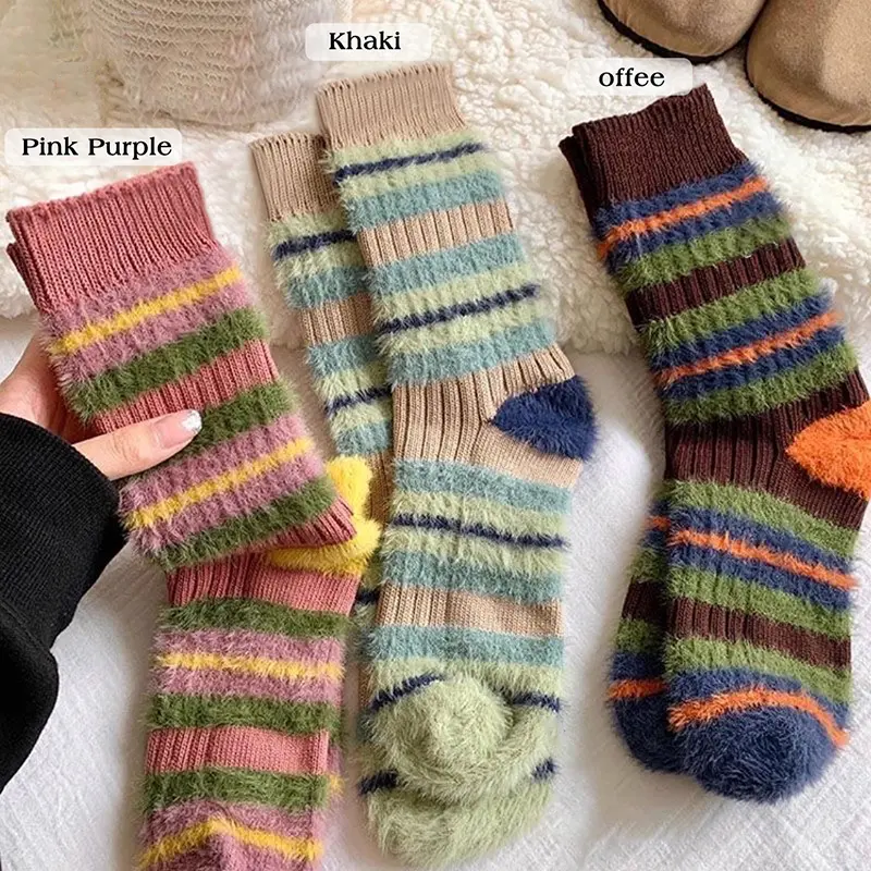 Colorful Striped Socks Women Autumn Winter Mink Fleece Floor Sock Soft Thicken Plush Indoor Socks Female Fluffy Sox