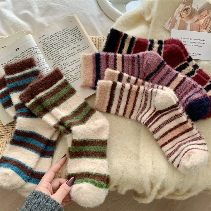 Retro Stripe Socks for Women Winter Warm Thick Mink Velvet Sock Korean Fluffy Warm Home Socks Harajuku Girls Knitted Furry Sock