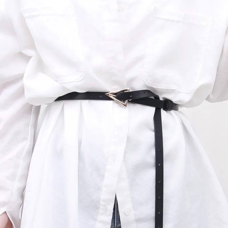 Women Thin Belt Simple Triangle Metal Buckle PU Leather Waistband for Lady Dress Jeans Decorative Skinny Waist Straps Girdle