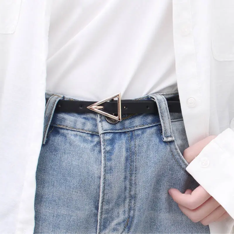 Women Thin Belt Simple Triangle Metal Buckle PU Leather Waistband for Lady Dress Jeans Decorative Skinny Waist Straps Girdle