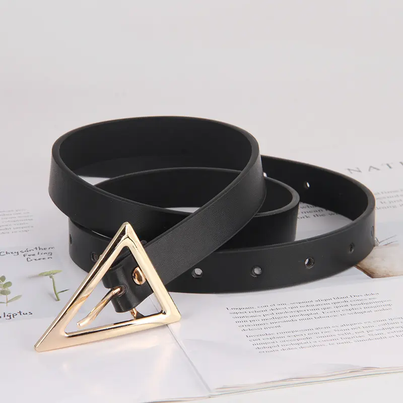 Women Thin Belt Simple Triangle Metal Buckle PU Leather Waistband for Lady Dress Jeans Decorative Skinny Waist Straps Girdle