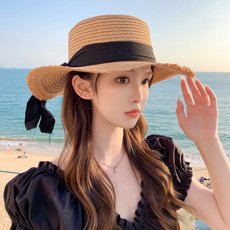 Korean Bow Straw Hat for Women Outdoor Beach Wide Brim Sun Visor Cap  Summer Vacation Sunshade Female Panama Hats