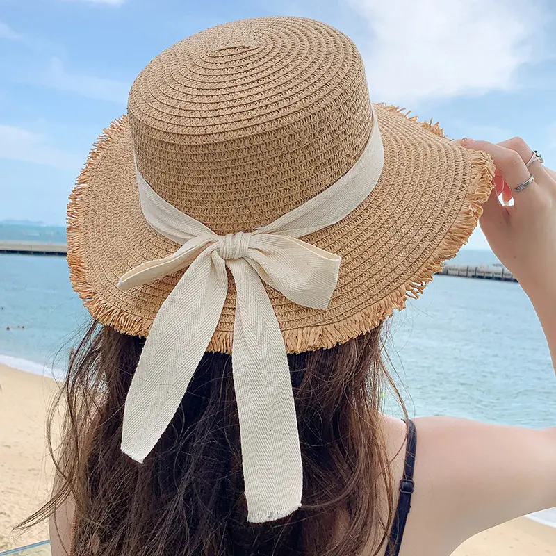 Korean Bow Straw Hat for Women Outdoor Beach Wide Brim Sun Visor Cap  Summer Vacation Sunshade Female Panama Hats