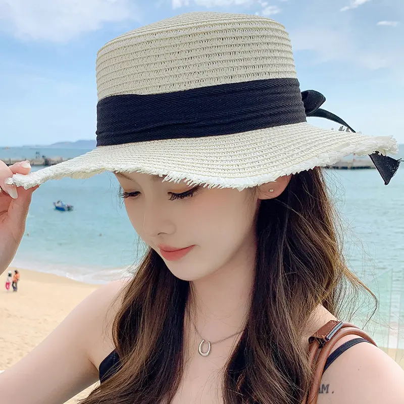 Korean Bow Straw Hat for Women Outdoor Beach Wide Brim Sun Visor Cap  Summer Vacation Sunshade Female Panama Hats
