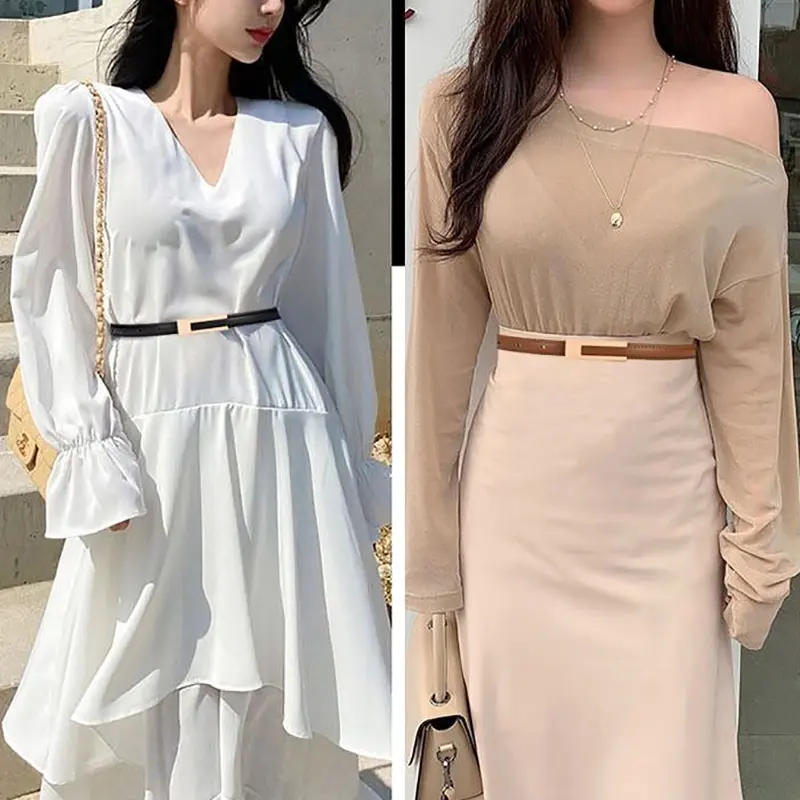 Simple Women PU Leather Belt Vintage Female Thin Waistband Gold Metal Buckle Dress Coat Jeans Decor Waist Straps cinturones 벨트
