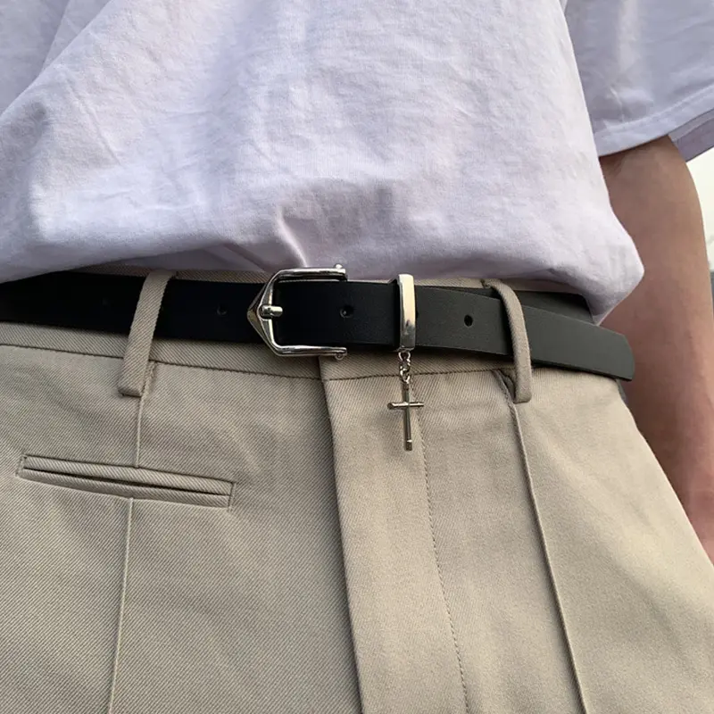 Punk Cross Pendant Belt Retro Black PU Leather Metal Pin Buckle  Waistband Women Men Gothic Jean Pants Waist Belt 벨트