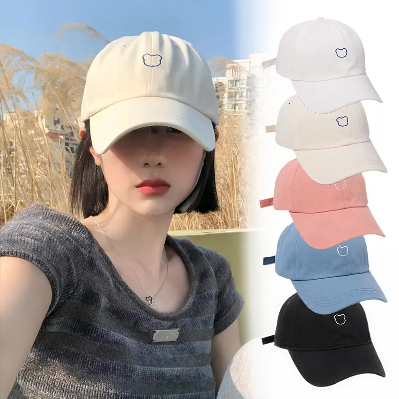 Cute Women Baseball Cap Solid Color Bear Embroidery Snapback Hat Korean Summer Adjustable Couple Cotton Peaked Hats
