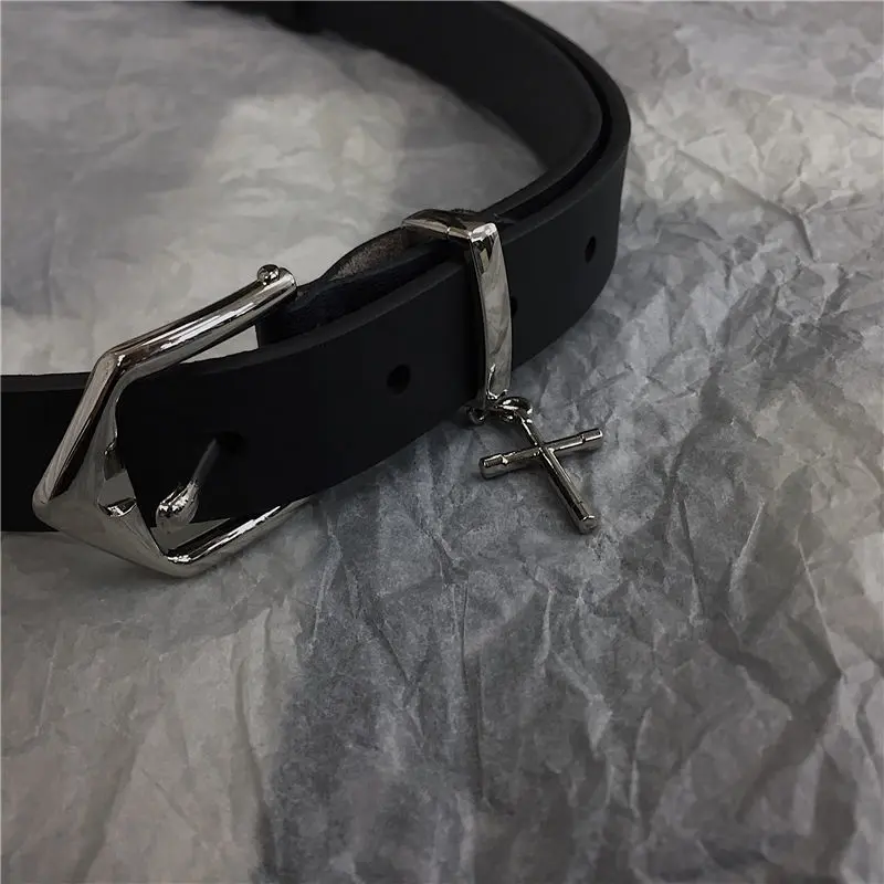 Punk Cross Pendant Belt Retro Black PU Leather Metal Pin Buckle  Waistband Women Men Gothic Jean Pants Waist Belt 벨트