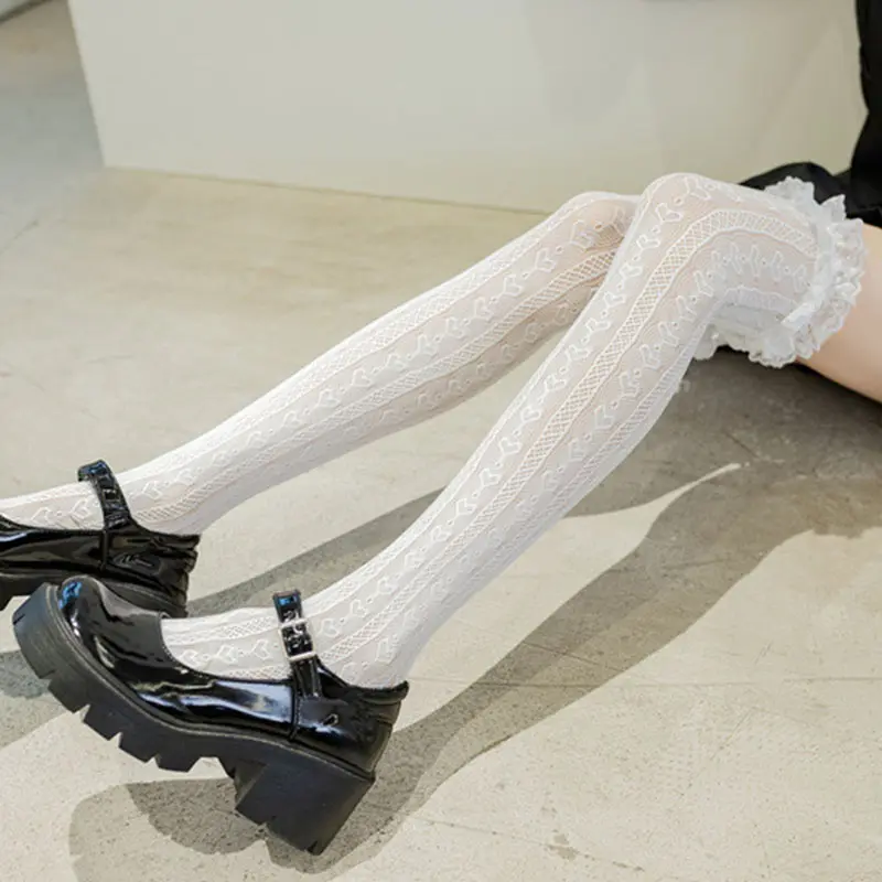 Japanese Lolita Lace Ruffle Socks for Women Cute Heart Striped Over Knee Stockings Summer Breathable Mesh Lady Thigh High Socks