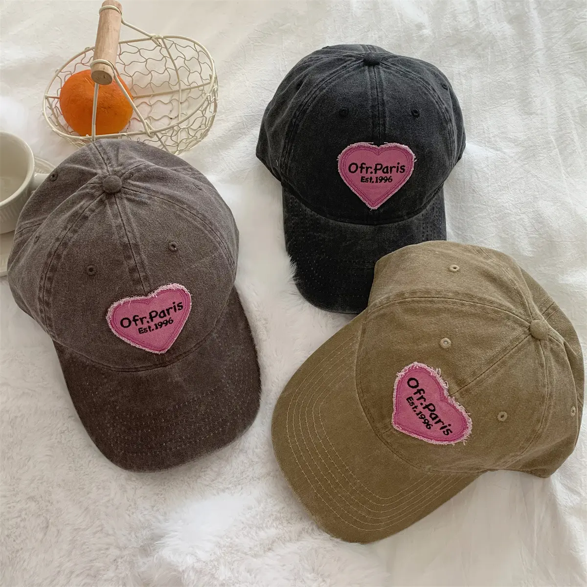 Women Baseball Cap Vintage Washed Cotton Soft Top Dad Hat Retro Y2K Pink Love Heart Letter Embroidered Snapback Caps