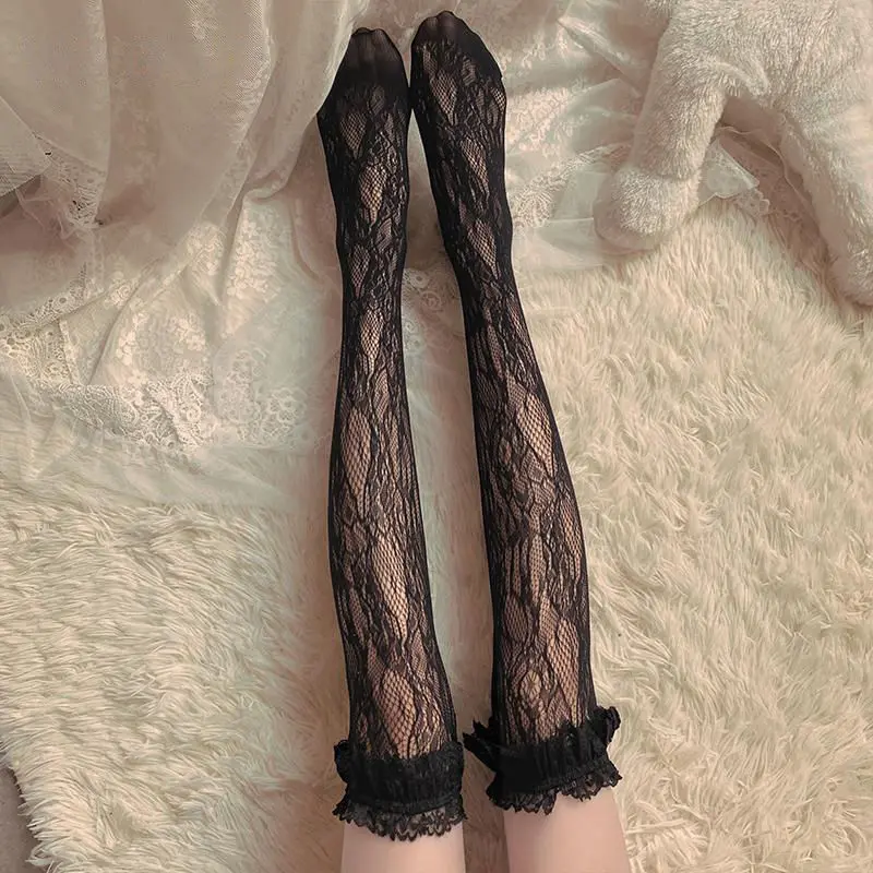 Japanese Lolita Lace Ruffle Socks for Women Cute Heart Striped Over Knee Stockings Summer Breathable Mesh Lady Thigh High Socks