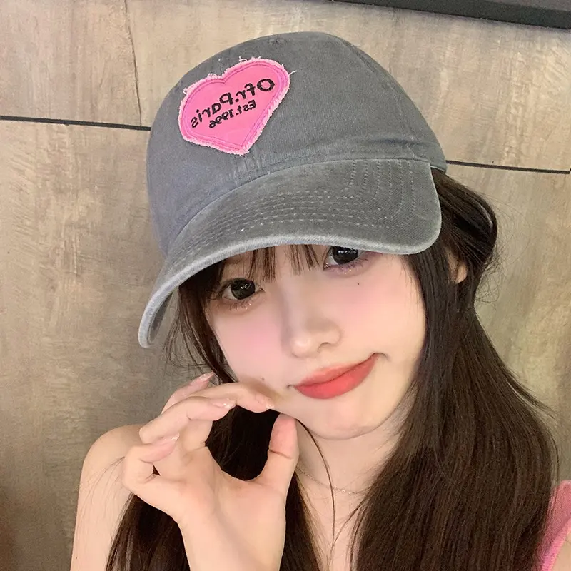 Women Baseball Cap Vintage Washed Cotton Soft Top Dad Hat Retro Y2K Pink Love Heart Letter Embroidered Snapback Caps