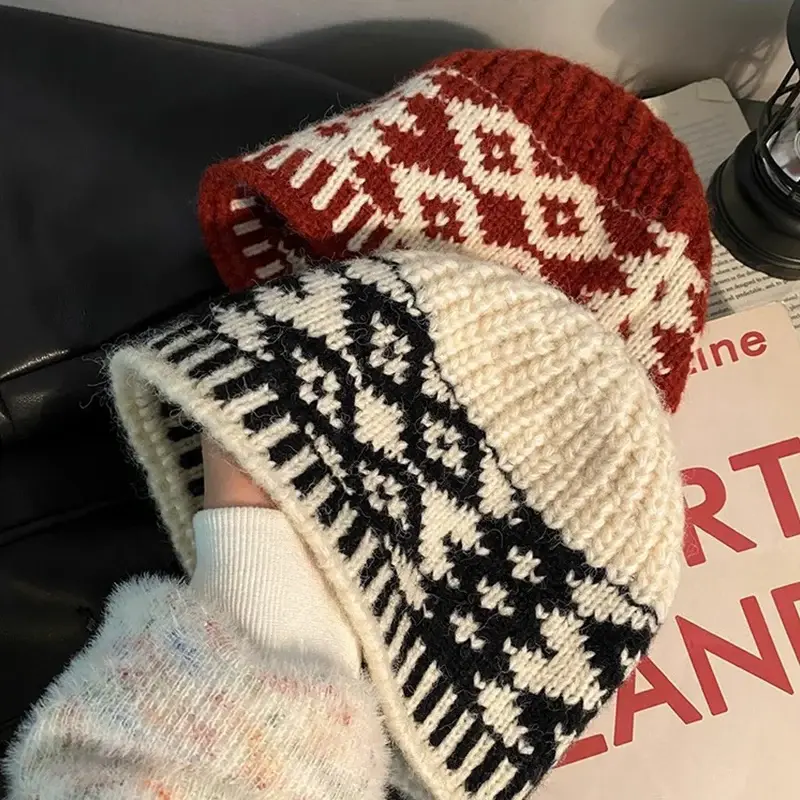 Winter Warm Knitted Hat for Women Retro Embroidered Wool Blend Beanie Cap Unisex Ear Protection Fisherman Bucket Hats