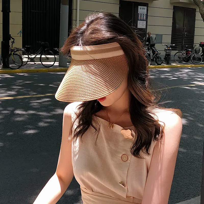 Summer Empty Top Straw Hat for Women Outdoor Beach Sunscreen Visor Cap Female Handmade UV Protection Big Brim Sun Hats