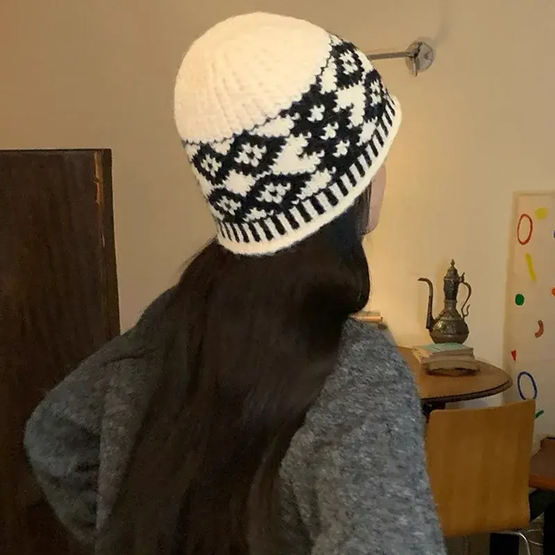 Winter Warm Knitted Hat for Women Retro Embroidered Wool Blend Beanie Cap Unisex Ear Protection Fisherman Bucket Hats