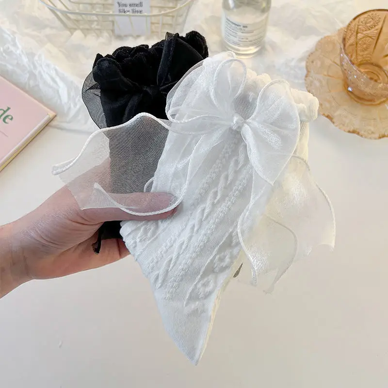 Lolita Bow Lace Socks for Girls Japanese Black White Ruffle JK Sock Women Summer Soft Cotton Thin Middle Tube Socks