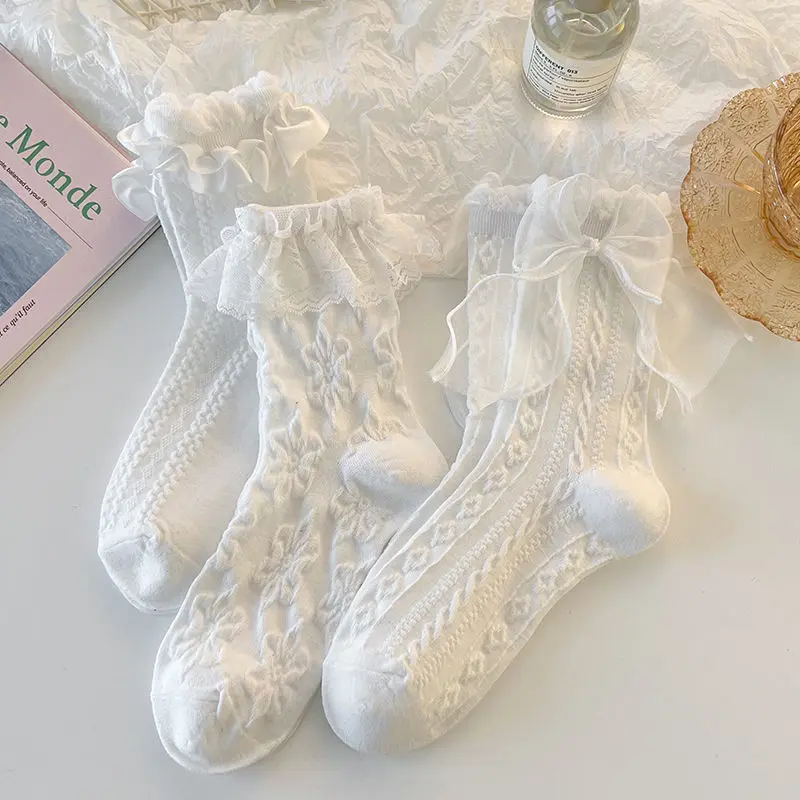 Lolita Bow Lace Socks for Girls Japanese Black White Ruffle JK Sock Women Summer Soft Cotton Thin Middle Tube Socks