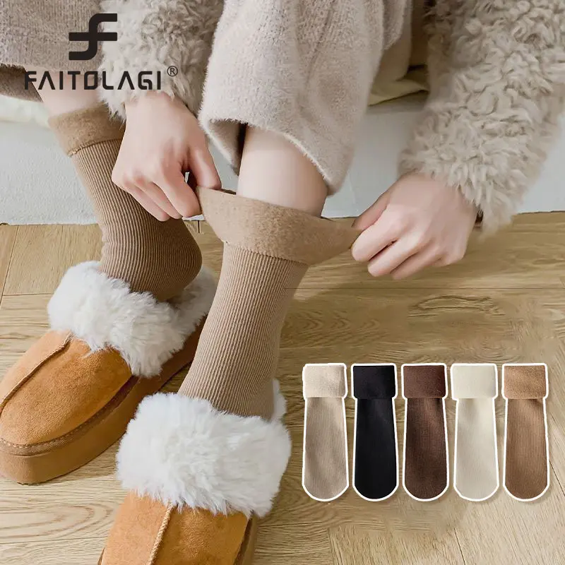 Warm Cashmere Wool Socks for Women Winter Thicken Plush Middle Tube Sock Solid Color Thermal Velvet Home Floor Socks