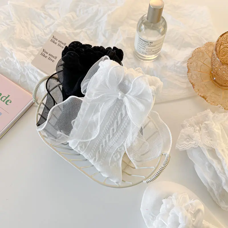 Lolita Bow Lace Socks for Girls Japanese Black White Ruffle JK Sock Women Summer Soft Cotton Thin Middle Tube Socks