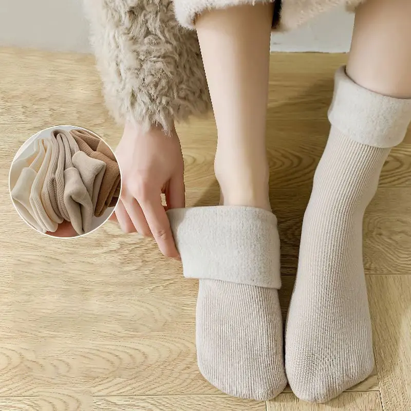 Warm Cashmere Wool Socks for Women Winter Thicken Plush Middle Tube Sock Solid Color Thermal Velvet Home Floor Socks