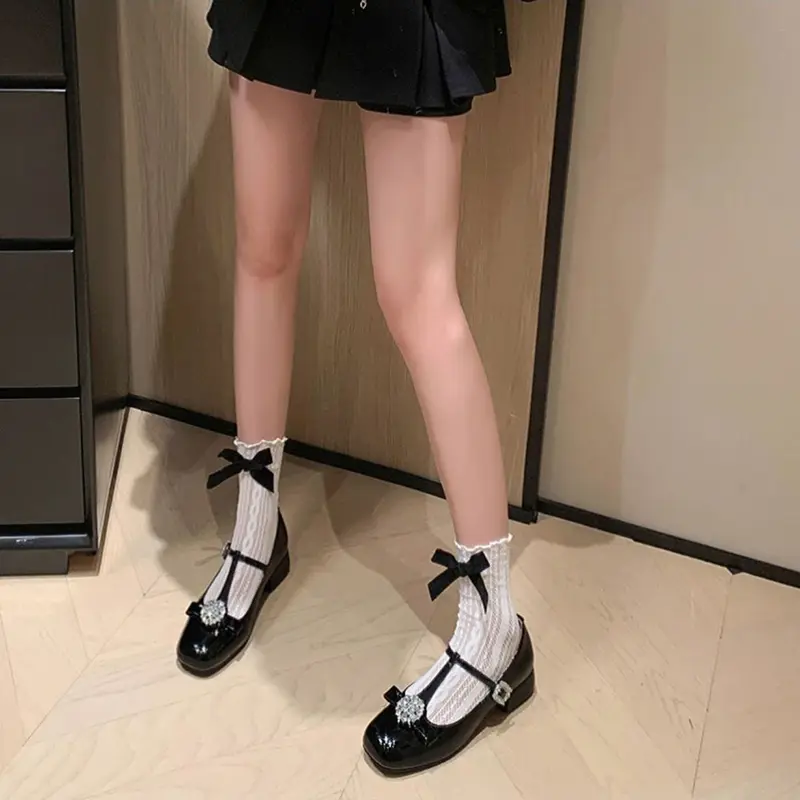 Korean Bow Ruffle Socks for Women JK Girls Lolita Black White Lace Sock Summer Sweet Japanese Hollow Breathable Socks