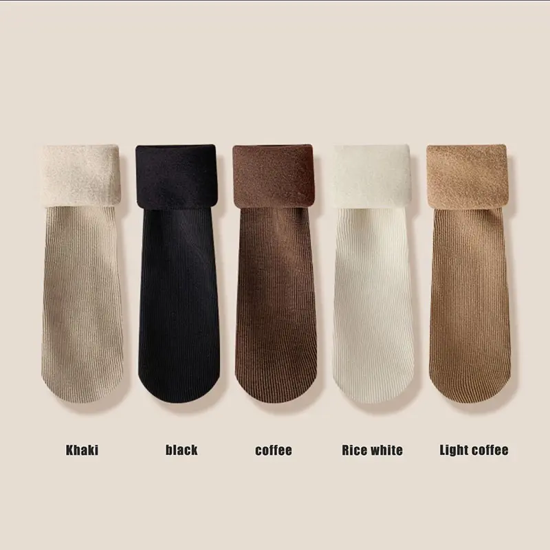 Warm Cashmere Wool Socks for Women Winter Thicken Plush Middle Tube Sock Solid Color Thermal Velvet Home Floor Socks