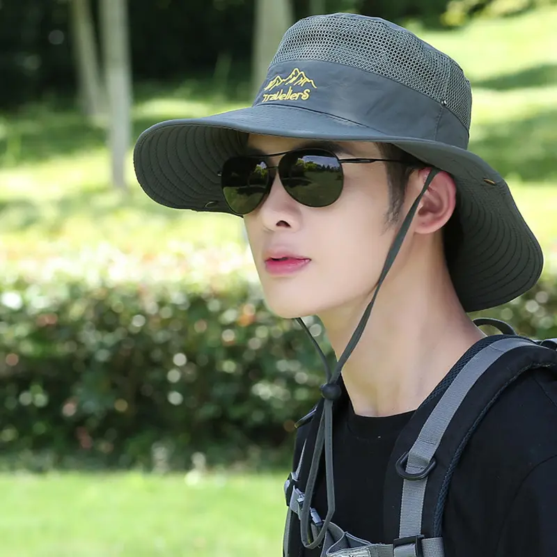 Summer Men Bucket Hat Breathable Mesh Fisherman Cap Outdoor Sunshade Big Brim Sunscreen Riding Hiking Male Sunhat