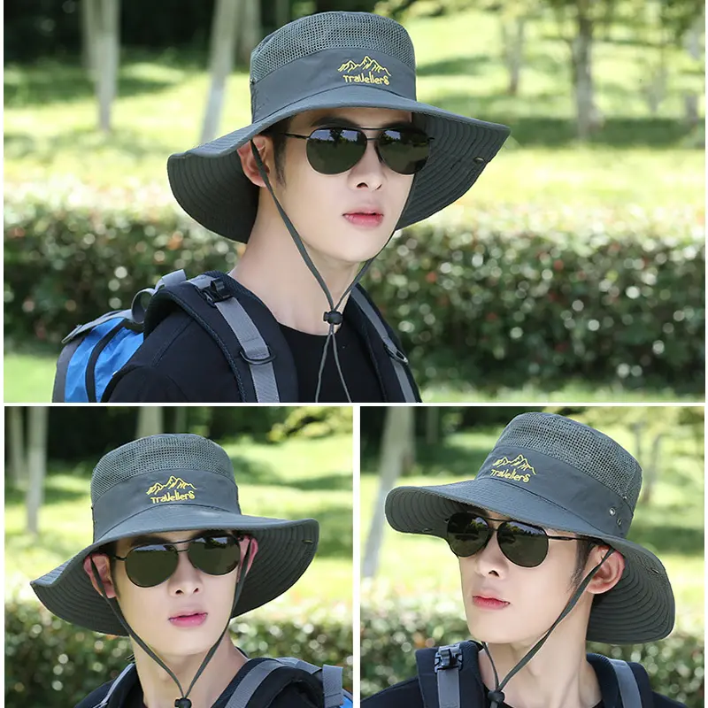 Summer Men Bucket Hat Breathable Mesh Fisherman Cap Outdoor Sunshade Big Brim Sunscreen Riding Hiking Male Sunhat
