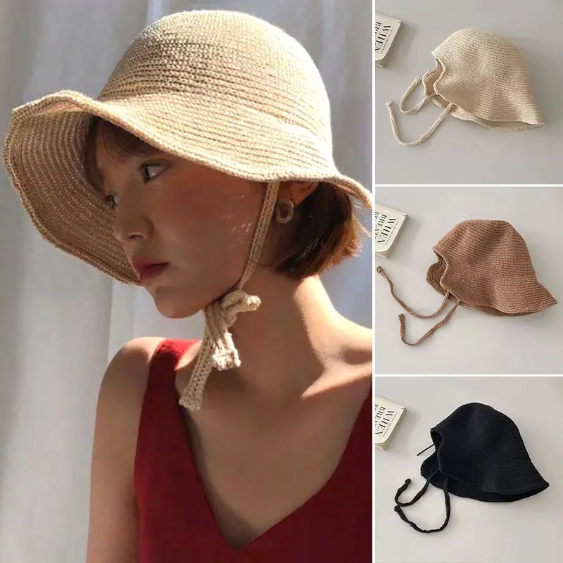 Summer Straw Sun Hat for Women Japanese Cute Strap Cap Summer Travel Versatile Sunscreen Wide Brim Bucket Hats