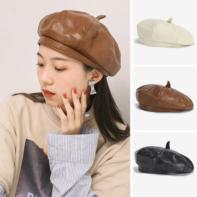 Vintage PU Leather Beret Hat Women Autumn Winter Warm Octagonal Cap Elegant Solid Color Female Lady Painters Caps