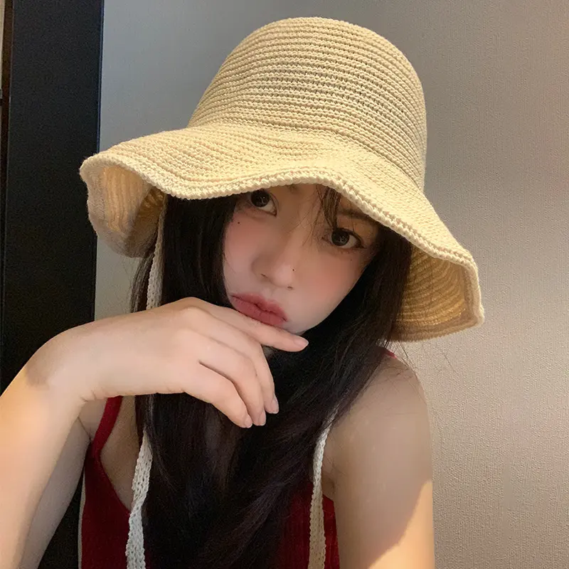 Summer Straw Sun Hat for Women Japanese Cute Strap Cap Summer Travel Versatile Sunscreen Wide Brim Bucket Hats