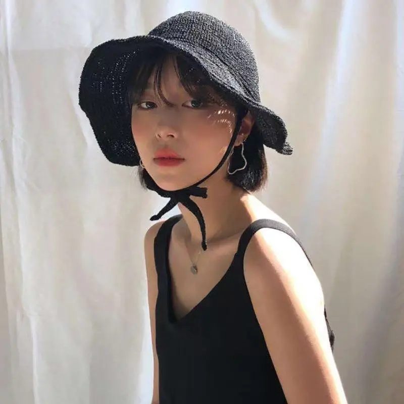 Summer Straw Sun Hat for Women Japanese Cute Strap Cap Summer Travel Versatile Sunscreen Wide Brim Bucket Hats