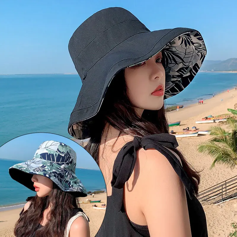 Double Sided Print Bucket Hat for Women Summer Large Brim Panama Sun Hats Outdoor Beach UV Protection Visor Caps