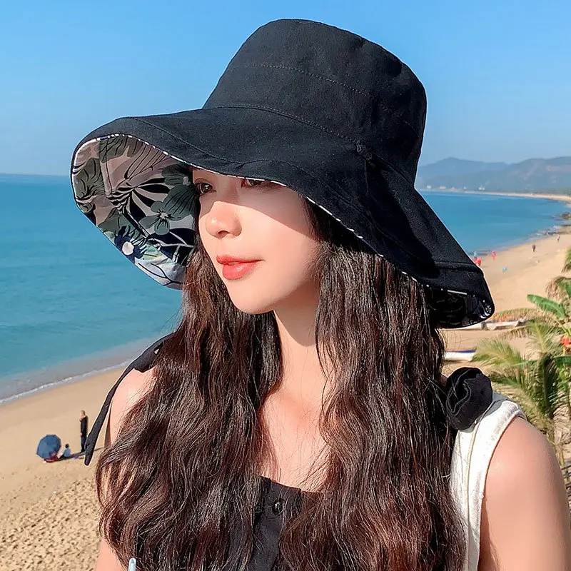 Double Sided Print Bucket Hat for Women Summer Large Brim Panama Sun Hats Outdoor Beach UV Protection Visor Caps