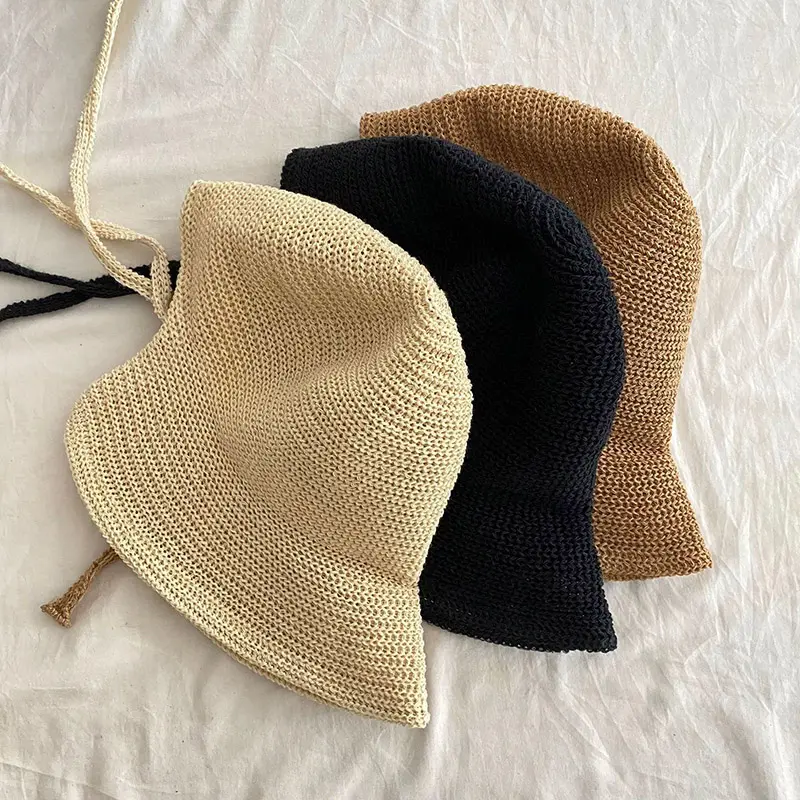 Summer Straw Sun Hat for Women Japanese Cute Strap Cap Summer Travel Versatile Sunscreen Wide Brim Bucket Hats