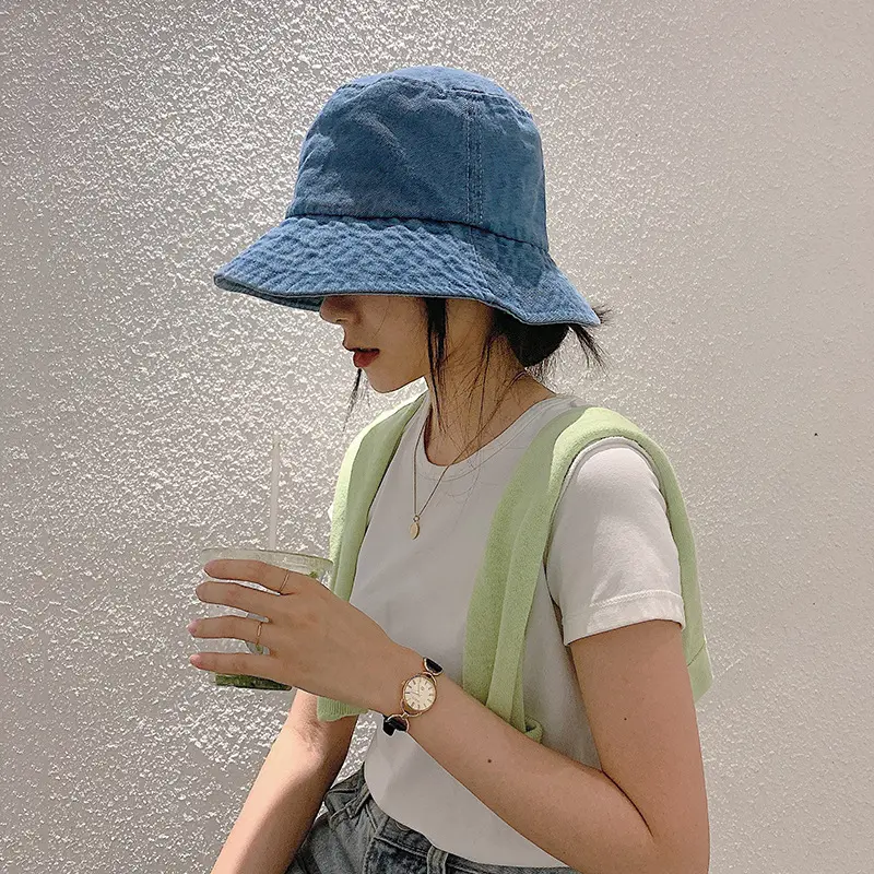 Retro Denim Bucket Hat for Women Solid Color Foldable Fisherman Cap Summer Outdoor Wide Brim Panama Sun Hats Gorras