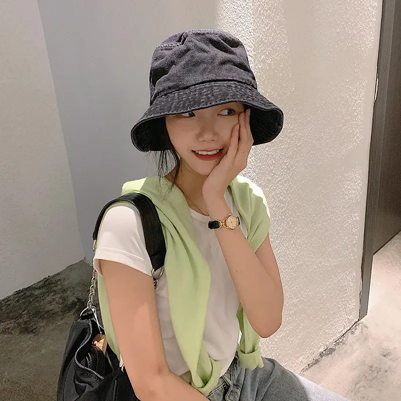 Retro Denim Bucket Hat for Women Solid Color Foldable Fisherman Cap Summer Outdoor Wide Brim Panama Sun Hats Gorras