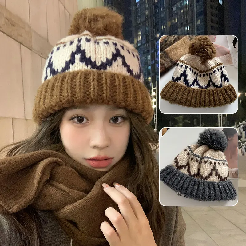 Winter Pompom Beanies Cap for Women Ethnic Style Knitted Woolen Hat Outdoor Warm Crochet Skullies Hats