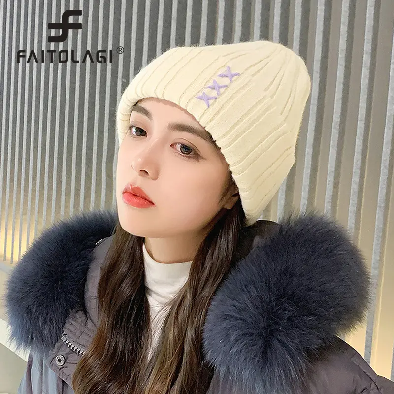 Winter Knitted Wool Beanie Cap for Women Solid Color Warm Ear Protection Cap Outdoor Anti-cold Ski Hats Skullies