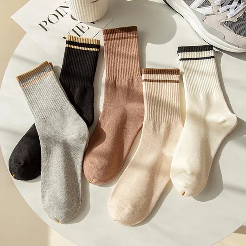 5 Pairs Striped Socks for Women Autumn Winter Cotton Middle Tube Sock Korean Solid Color Casual Women Girls Sports Socks