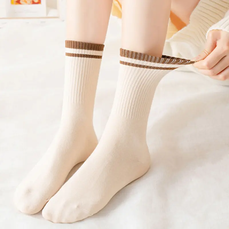 5 Pairs Striped Socks for Women Autumn Winter Cotton Middle Tube Sock Korean Solid Color Casual Women Girls Sports Socks
